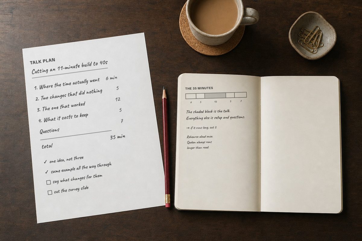 A desk seen from above: a sheet carrying a handwritten talk plan with four numbered
      sections and their running times adding to thirty-five minutes, beside an open notebook
      showing the same thirty-five minutes drawn as a segmented bar