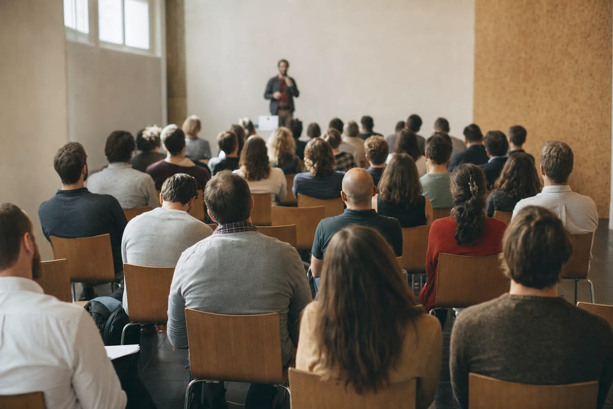 The back of a single-track conference room during a talk: rows of chairs about two thirds
      full, one speaker standing at the front