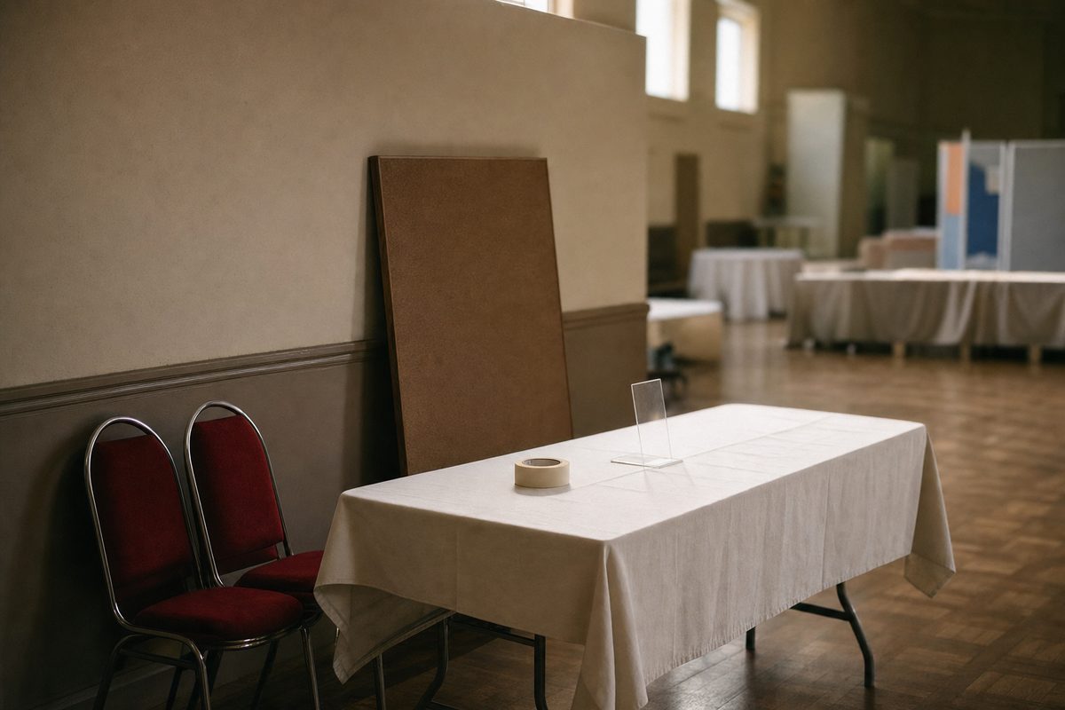 An empty exhibition table at the side of a hall before an event: a folding table with a
      plain cloth, two stacked chairs and a roll of tape, lit by daylight from high windows